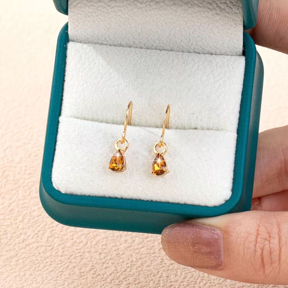 Champagne Teardrop Zirconia Crystal Drop Earrings Gold Dangle Gemstone Pendant